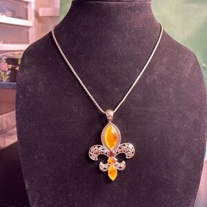 Ornate Silver and Orange Fleur-de-Lis Necklace